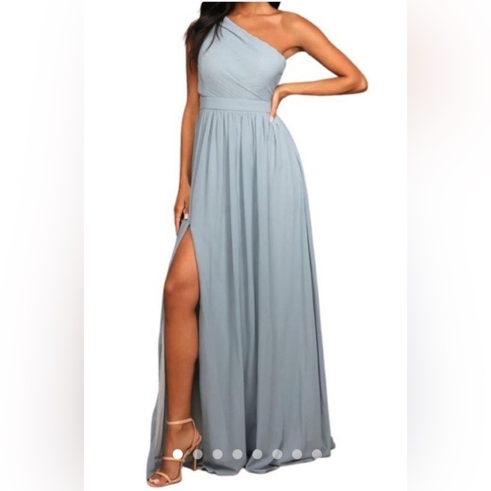 NWT Lulus Lovely Endings Dusty Blue One-Shoulder Pleated Maxi Dress - Picture 2 of 9